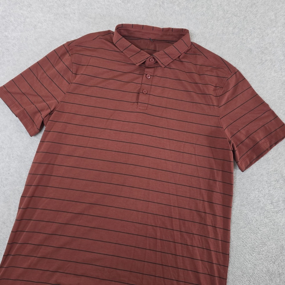 Lululemon Evolution Polo Shirt Mens Large L Rust Red Black Striped Golf SS